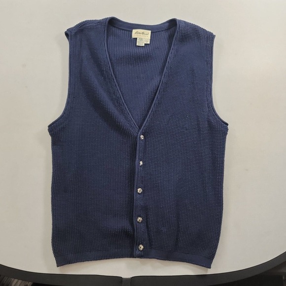 Vintage Eddie Bauer Knit Cardigan Sweater Vest Men Large Tall Navy Blue Made USA - Picture 2 of 8